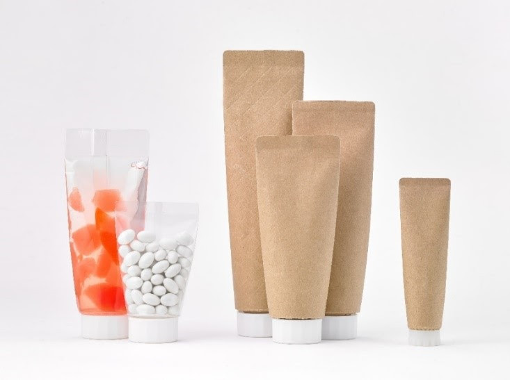 Paper-based material for body of easy to squeeze tube-shaped pouch further reduces plastic volume.